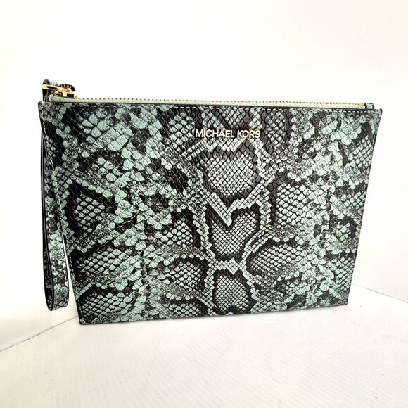 Michael Kors Jet Set Snakeskin Wristlet Clutch Teal Python Embossed Leather - Picture 2 of 6